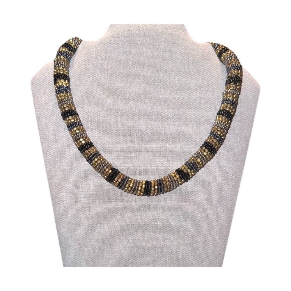 Chunky beaded rope necklace in black and bronze seed beads